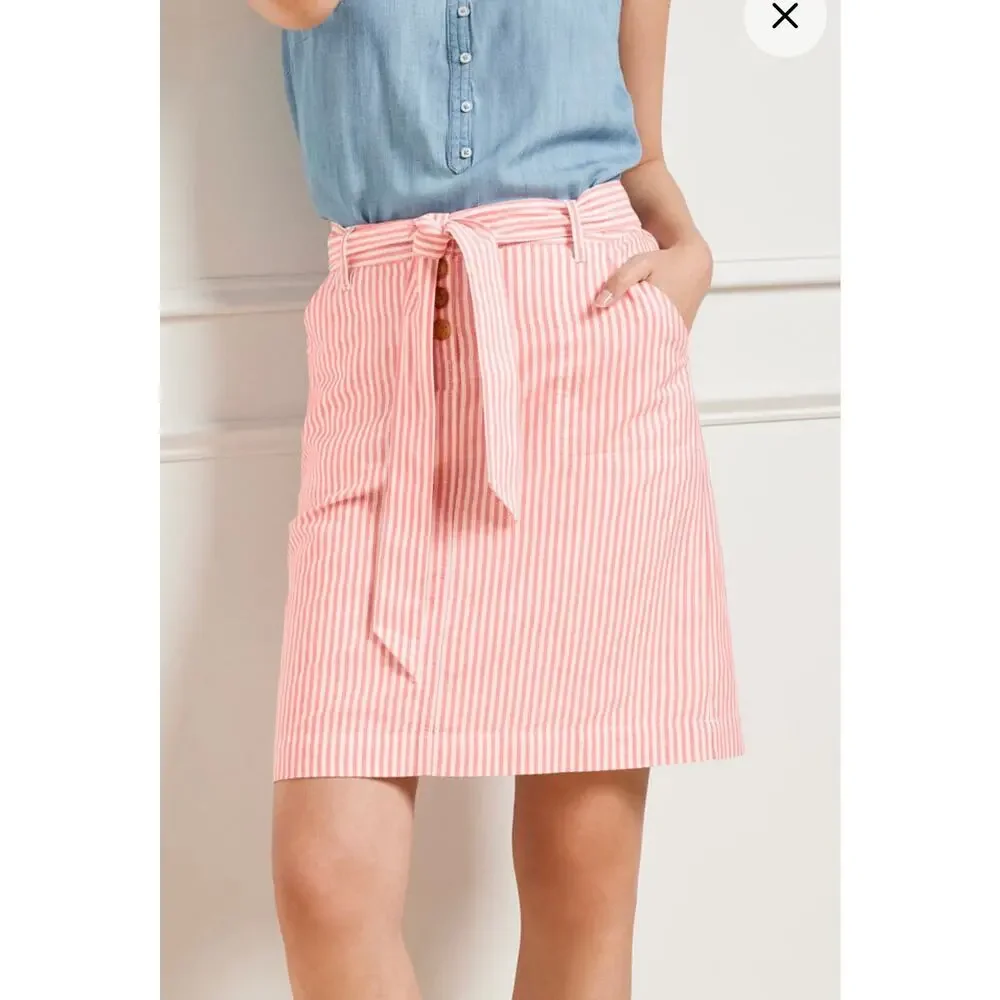 Talbots Linen Tie Waist Skirt Mini Midi Pink White Striped Skirt Size 10